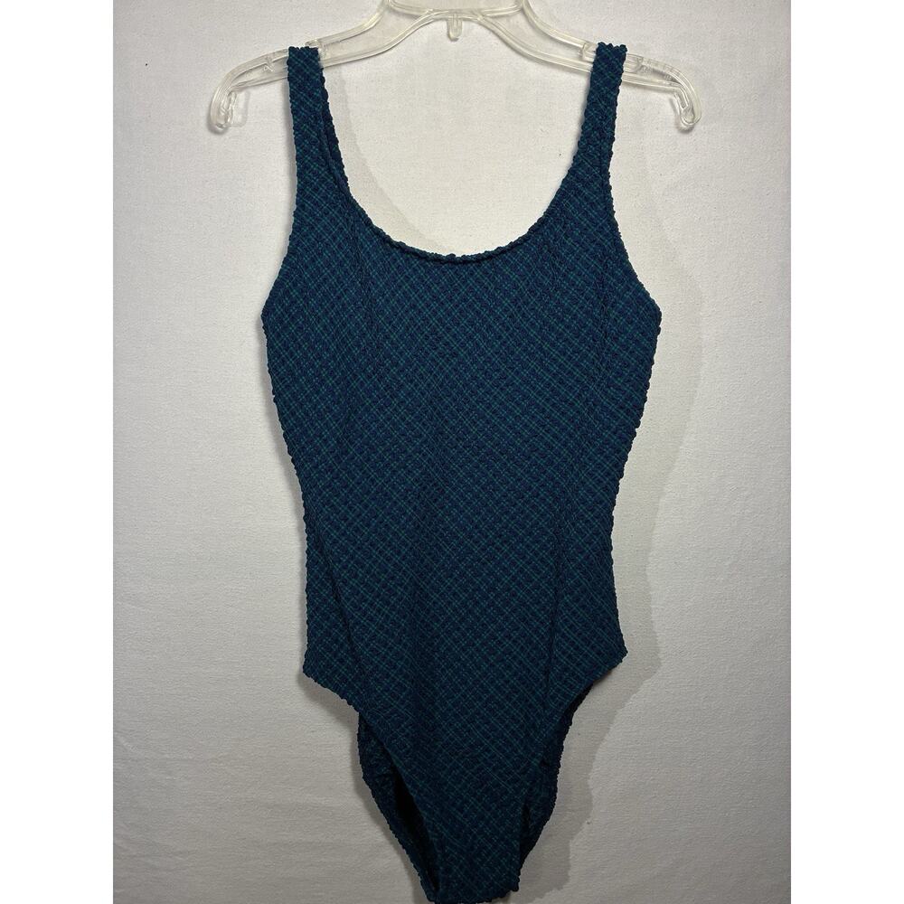 Vintage Jantzen Swimsuit M/L 80s 90s Green Navy Texture High Rise One Piece